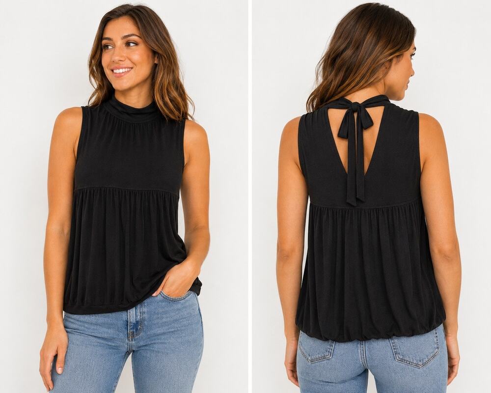 GUESS Black Sleeveless Mock Neck Tie Back Babydoll Blouse Open Back Top Sz M